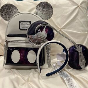 Loungefly Disney Space Mountain Mickey Mouse Main Attraction Backpack & Ears NWT